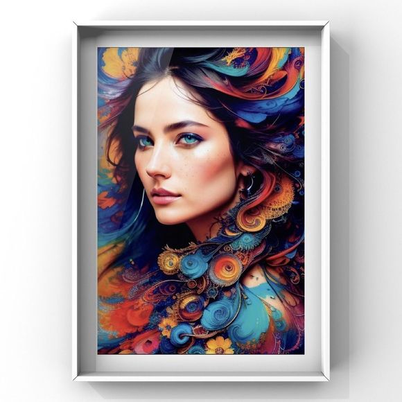 Modern wall art print of girl portrait with abstract print in different colors - Picture 1 of 4